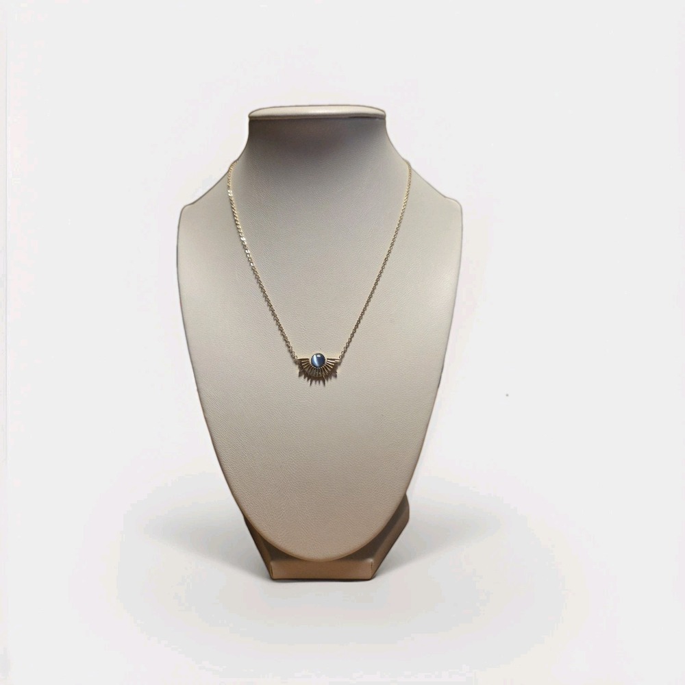 Stainless Steel Gold Tone Sunburst With Blue Gray Gem Pendant 16" Necklace